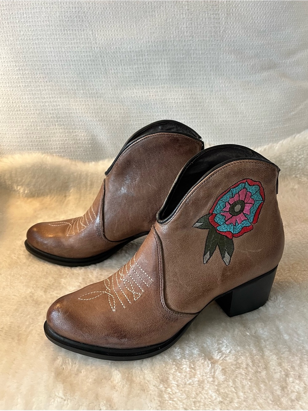 Divine Follie Italy Brown Embroidered Western Ankle Leather Booties - Picture 3 of 16